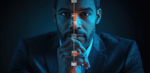 Focused man in a suit with digital interface elements aligned vertically on his face and hand, conveying concentration and technological interaction in a dark environment