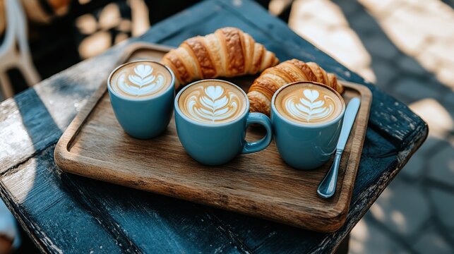 Outdoor cafe latte art, croissants, sunlight