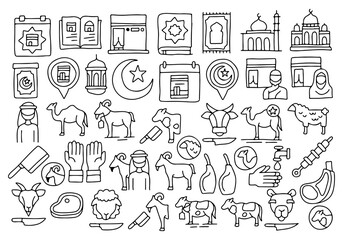 Set of eid al adha hand drawn icons . Collection of Islamic Religious Symbols. Ramadan Line Icons.