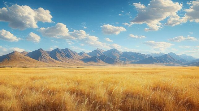 Golden wheat field under a blue sky with scattered clouds and a mountain range in the background on a clear day