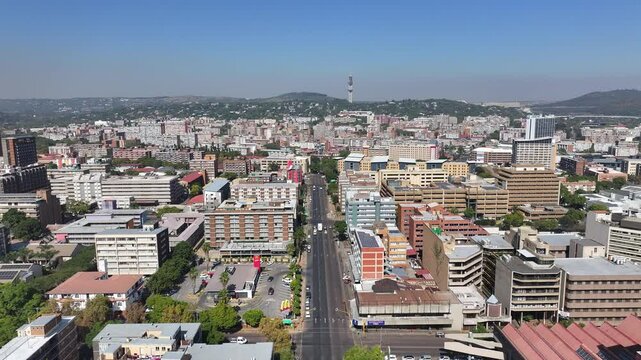 Pretoria Skyline In Pretoria Gauteng South Africa. Amazing Skysrapers And Traffic On Street Viewed From Above. Business Sky Clouds Downtown Cityscape. Business Backgrounds Panoramic.