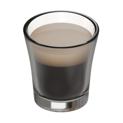 Photorealistic 3D render of a freshly pulled espresso shot served in a small transparent glass.