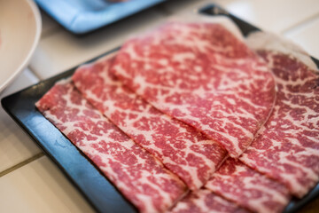 Fototapeta premium Close up shot of marble meat for shabu shabu