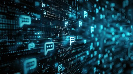 Encrypted chat icons on a digital background.
