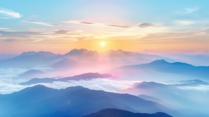 Fototapeta premium Serene nature scene with misty mountains and a rising sun.