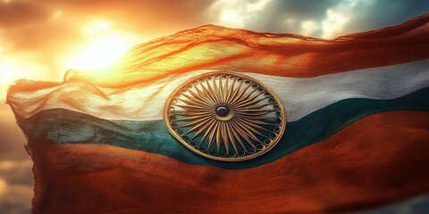 Close-up of a tricolor fabric flag with a circular emblem in the center waving in the wind at sunset under a partly cloudy sky