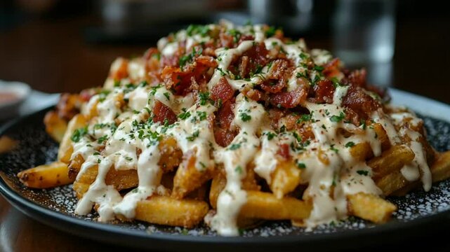 A delicious plate of loaded fries topped with crispy bacon and drizzled with creamy sauce, served in a cozy restaurant setting