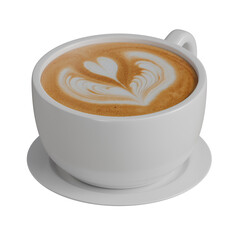Realistic 3D render of a white ceramic coffee cup filled with creamy latte, eaturing a heart-shaped latte art