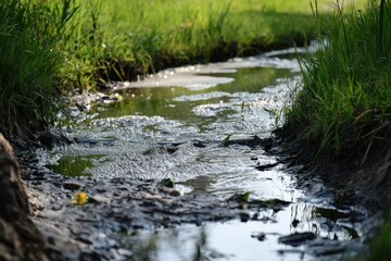 Obraz premium Water pollution in a shallow stream surrounded by grass and plants in a natural setting during daytime, Environmental problems related to water pollution