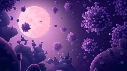 Purple space viruses swirling around a pale moon.