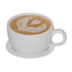 Realistic 3D render of a white ceramic coffee cup filled with creamy latte, eaturing a heart-shaped latte art