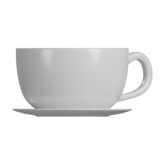 Realistic 3D render of a white ceramic coffee cup filled with creamy latte, eaturing a heart-shaped latte art