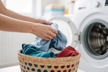 Woman Sorting Laundry in a Basket for Washing