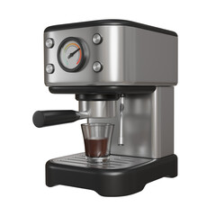 Realistic 3D render of a silver and black chrome-finish coffee machine brewing hot coffee into a clear glass cup