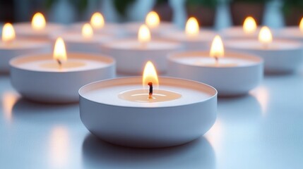Several small white tealight candles burning softly in a calm and serene arrangement with warm glowing flames