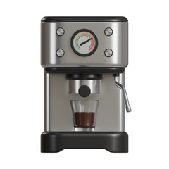 Realistic 3D render of a silver and black chrome-finish coffee machine brewing hot coffee into a clear glass cup