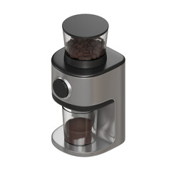 Realistic 3D render of a modern electric coffee grinder in black and silver, with a transparent lid showing roasted coffee beans inside