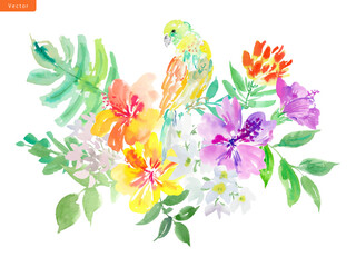 Watercolor Abstract Purple and Yellow Hibiscus, Tropical Foliage, Monstera, and Parrot Vector clipart. Hand-Painted Tropical Flowers and Birds illustration for Background Use.