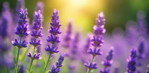 Fototapeta premium A calming scene featuring vibrant purple lavender flowers in full bloom, bathed in soft sunlight Perfect for relaxation, spa, and aromatherapy themes , spring, herb