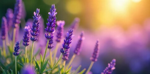 A calming scene featuring vibrant purple lavender flowers in full bloom, bathed in soft sunlight  Perfect for relaxation, spa, and aromatherapy themes , summer flowers, herbal remedy