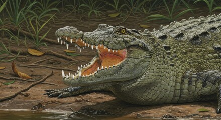 Obraz premium Illustration of A Crocodile with Open Jaws on A Riverbank