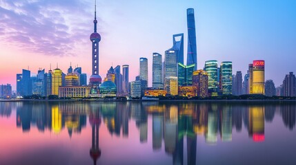 Fototapeta premium Stunning Shanghai Skyline at Dusk with Reflection on Water
