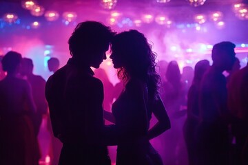 silhouetted couple embracing closely in a dimly lit nightclub with colorful purple and pink lights and other dancing people in the background creating an intimate and romantic atmosphere