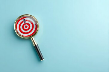 A magnifying glass with a target on a light blue background, representing the concept of vision and goal setting for business or personal growth.