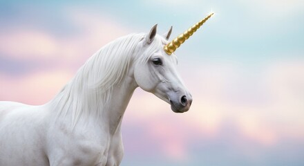 Illustration of White Unicorn with Gold Horn and Pastel Sky
