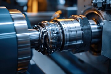 Close-up of a high-precision metal machining process on a lathe with rotating cylindrical parts and shiny metallic surface