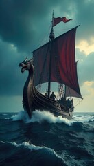 A fierce Viking tribal longship sails across a dramatic, stormy sea under a brooding sky  The ship's dragon-head prow cuts through the waves, conveying power and adventure ,  wind,  medieval,  waves
