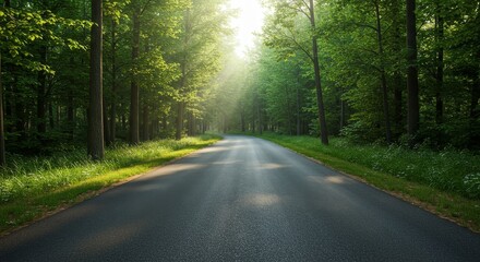 Obraz premium Empty Country Road through Forest in Morning Sunlight