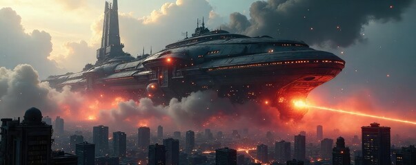 A futuristic building under siege, glowing energy blasts impacting its reinforced structure  Sci-fi architecture, urban warfare, dystopian city, technological battle  , damage, destruction