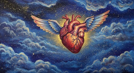 Illustration of Heart with Wings Soaring Through Starry Night Sky