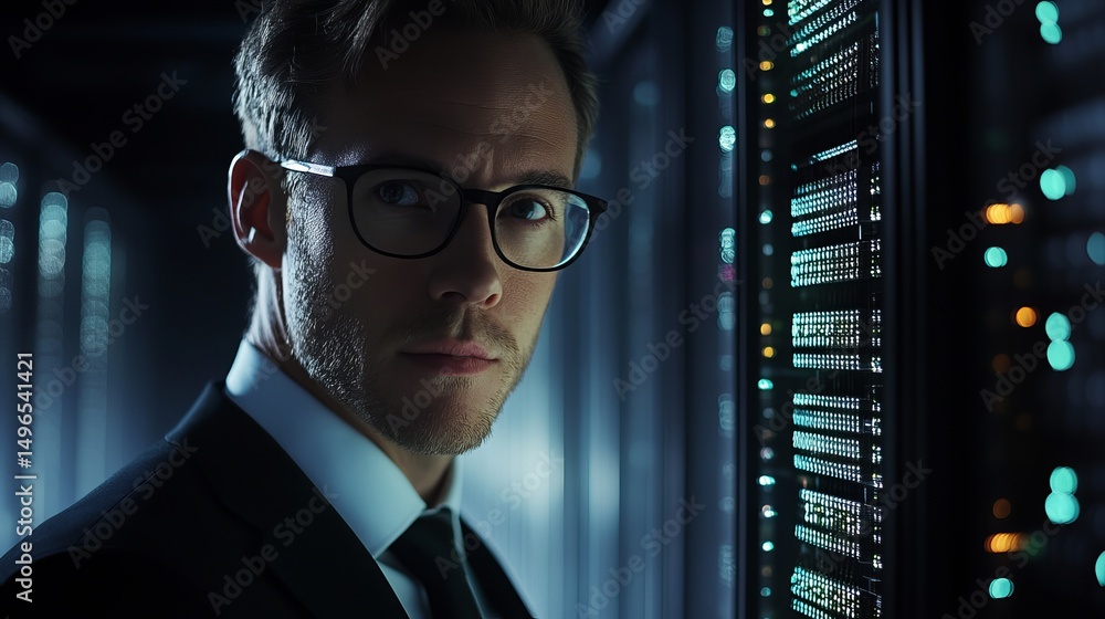 Poster man in suit with glasses standing next to server racks in a data center looking at the camera