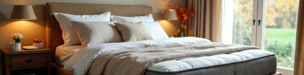 A luxurious bedroom featuring a plush mattress, crisp bedding, and soft pillows, creating a serene and inviting atmosphere for restful sleep , elegant, natural light, window