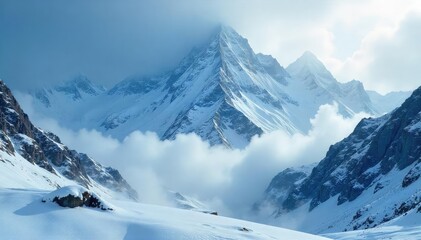 Obraz premium A majestic mountain range shrouded in a heavy snowstorm, with swirling snow obscuring the peaks The scene is dramatic and evokes a sense of wild, untamed nature , wind, mountains
