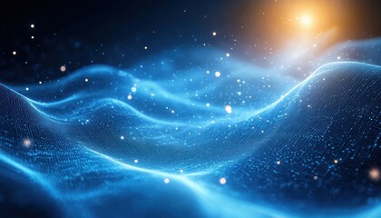 Abstract glowing blue wave grid with floating digital particles illuminated by a warm light source in a dark space