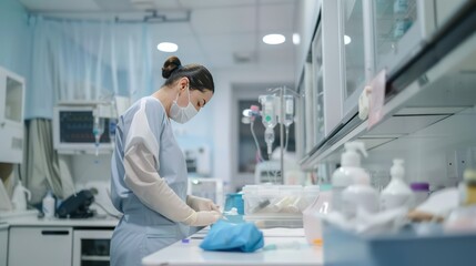 Obraz premium A nurse preparing medical supplies in a hospital room