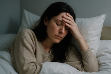 A young man with a headache lying in bed feeling tired and stressed
