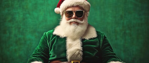 Older man dressed as Santa Claus wearing sunglasses and a velvet green coat with white fur trim posing confidently against a green background