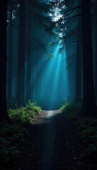 Naklejka premium A powerful flashlight beam cuts through the darkness, illuminating a mysterious, shadowy forest path The light reveals textures and details hidden in the night , scenic, adventure