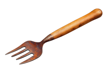 An aged rustic fork a symbol of time s passage with rich wood grain handle amidst the stark on transparent background