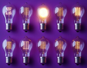 Row of ten vintage light bulbs with one bulb brightly glowing in the center against a purple background, symbolizing uniqueness and innovation