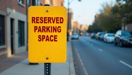 A reserved parking space sign stands alone, clearly indicating a designated area The sign is brightly colored and easily visible, ensuring clear communication , parking area, designated area