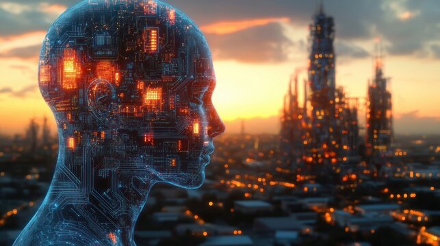 Futuristic humanoid figure with glowing circuitry pattern on its head against a blurred cityscape at sunset evoking advanced technology and intelligence
