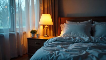 A serene bedroom scene featuring a bedside lamp softly illuminating a comfortable, inviting space Perfect for relaxation and sleep-related themes , sheets, decor, comfort