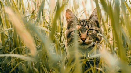 A cat exploring a field of tall grass.