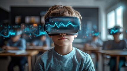 Young boy seated in classroom wearing virtual reality headset with digital wave patterns projected from it, surrounded by other children engaged in VR learning