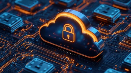 3D glowing cloud icon with a lock symbol on a dark blue and orange futuristic circuit board representing digital security and cloud data protection